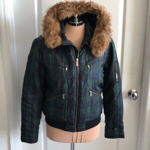Vtg American Living Plaid Coat Winter Jacket Blue Green Puffy Hooded Faux Fur M